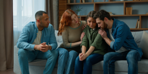 women in recovery surrounded by family