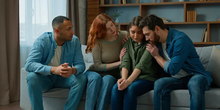 women in recovery surrounded by family